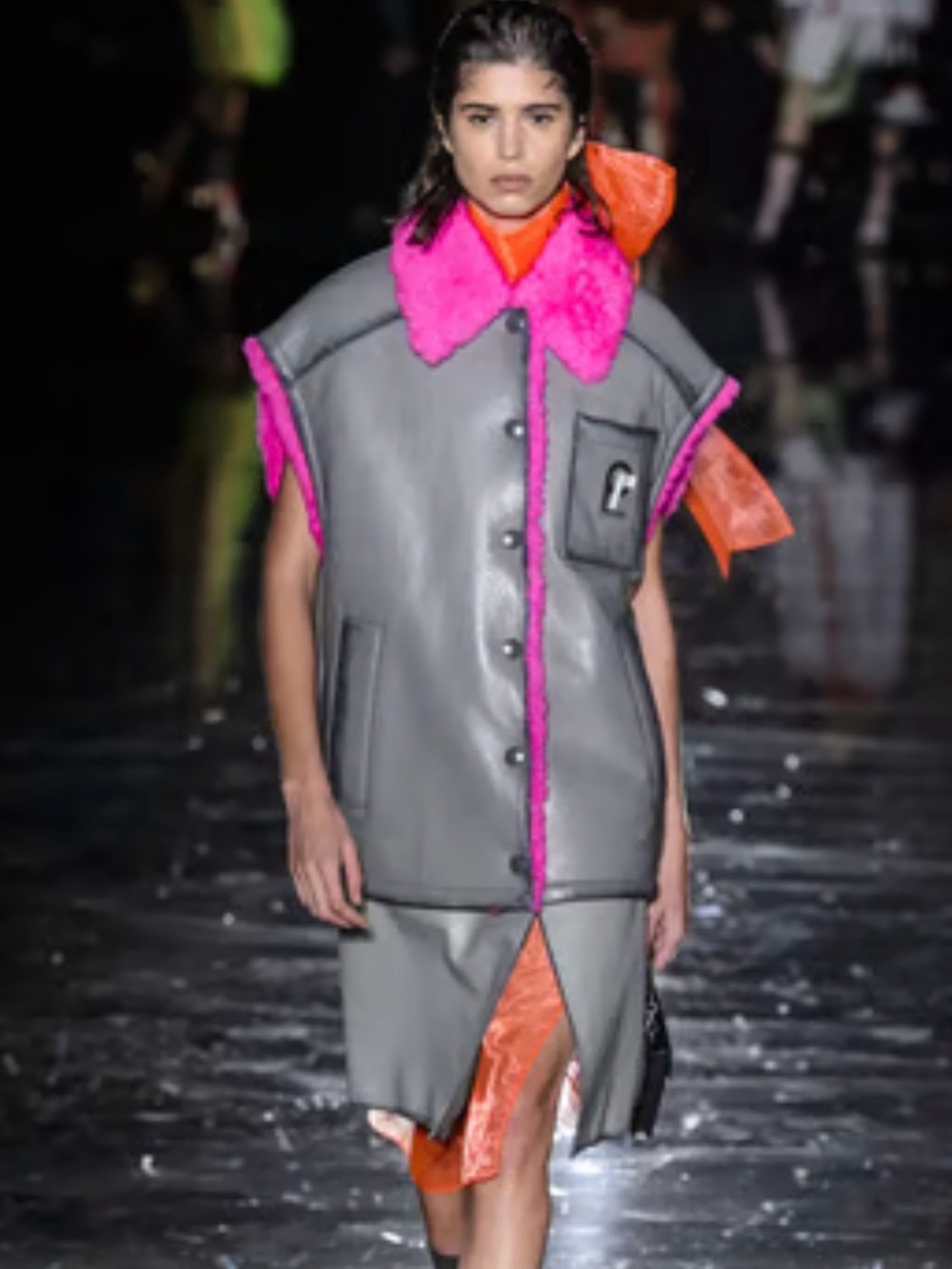 Authentic NWT PRADA Gray Leather Vest with Hot Pink Shearling Fur Interior